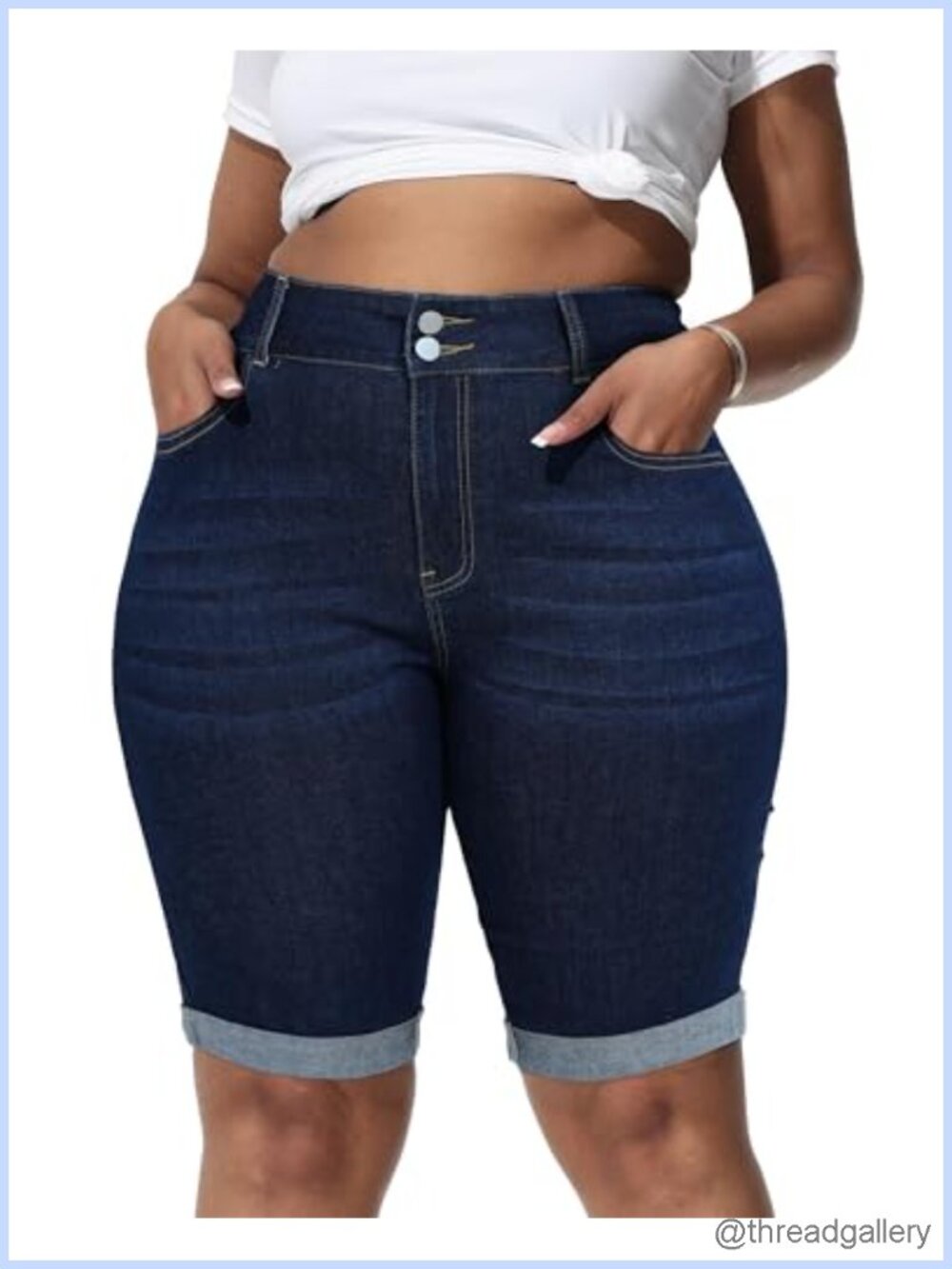 Plus Size High Waisted Bermuda Jean Shorts Stretchy Folded Hem